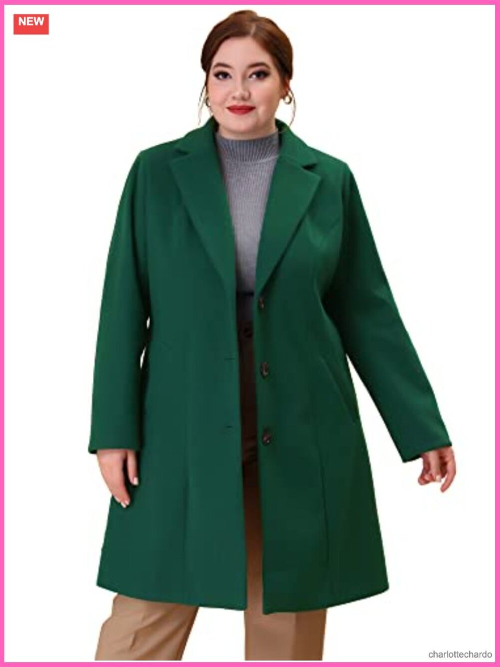 Women's Plus Size Long Winter Peacoat Notched Lapel Trench Coat with Pockets